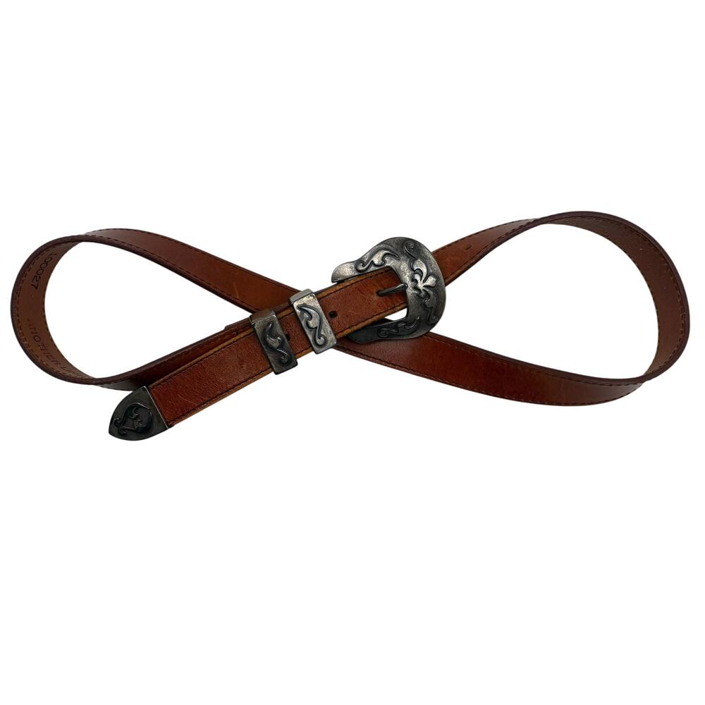 Vintage Another Line Leather Belt Western Engraved Buckle Tan Brown Size 30